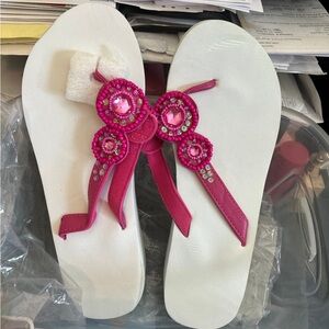 Pink and White Sandals with Floral Embellishments